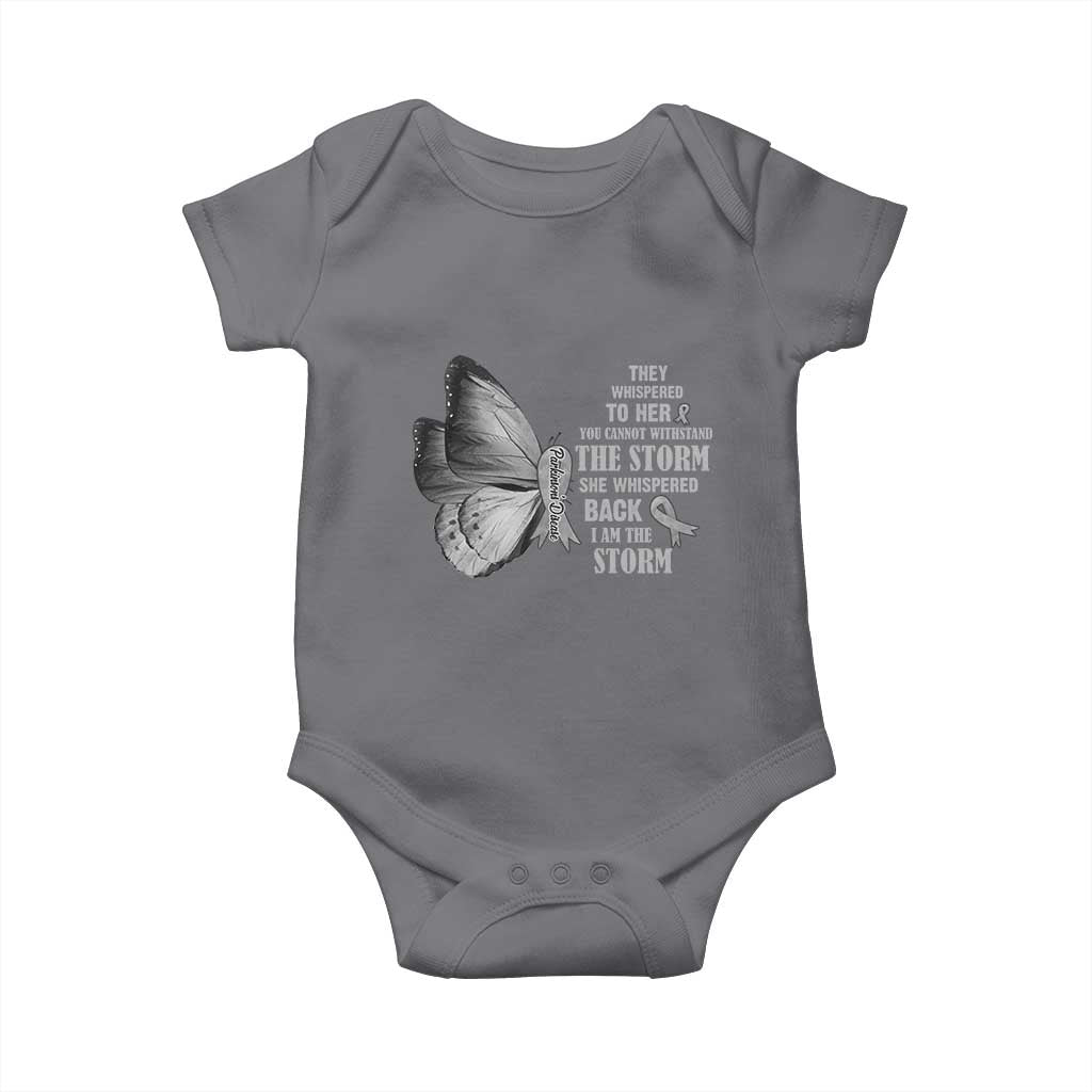 Parkinson's Awareness Baby Onesie She Whispered Back I Am The Storm Support Squad TS02 Charcoal Print Your Wear