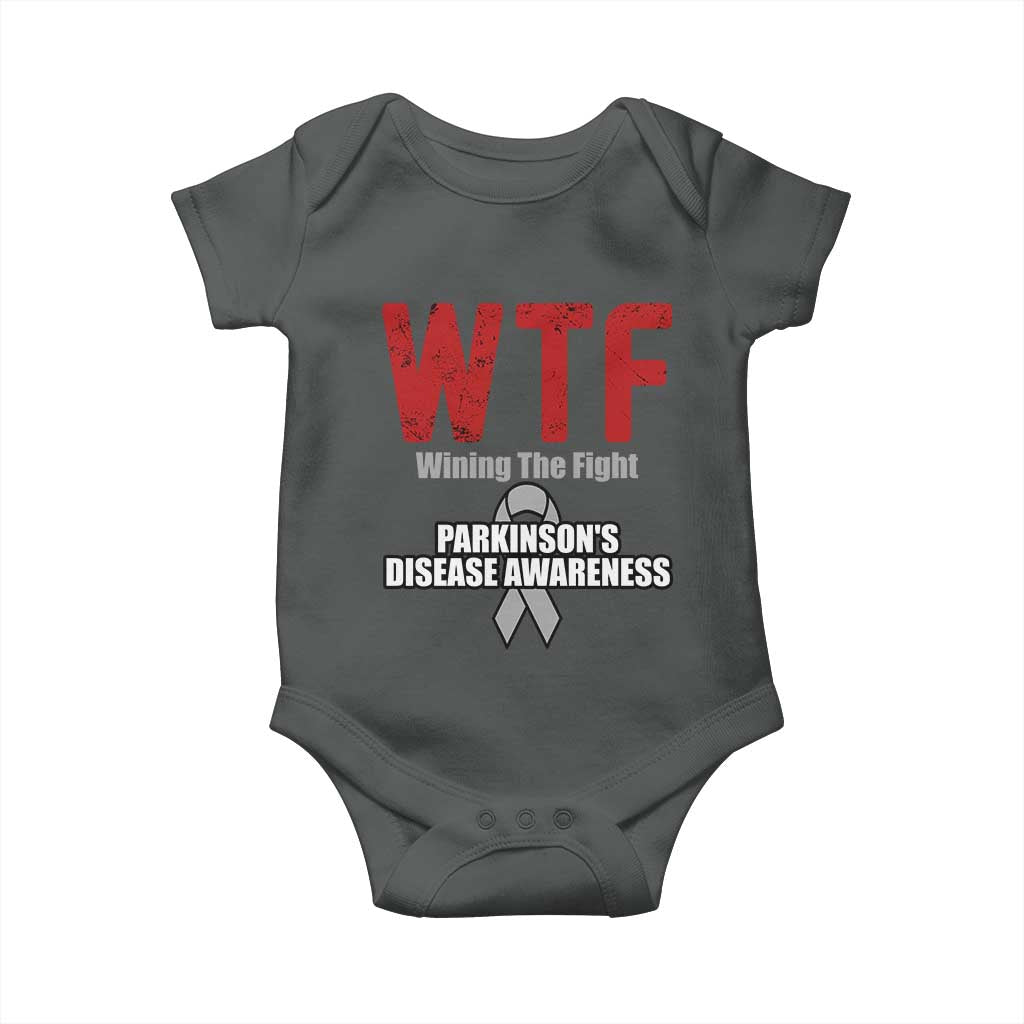 Parkinson's Awareness Baby Onesie WTF Winning The Fight Gray Ribbon Support Parkinsons Warriror TS02 Dark Heather Print Your Wear