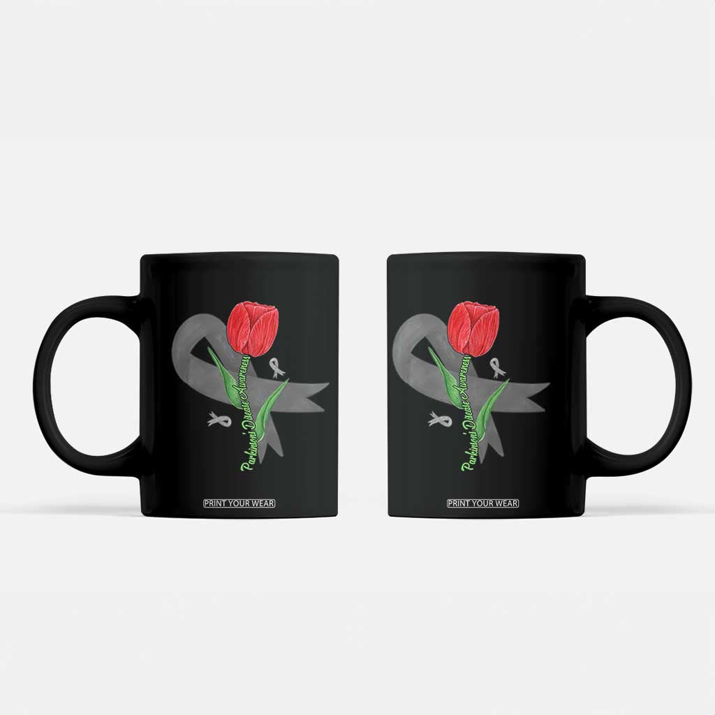 Parkinson's Awareness Coffee Mug Gray Ribbon Tulips Support Parkinsons Warrior TS02 Black Print Your Wear