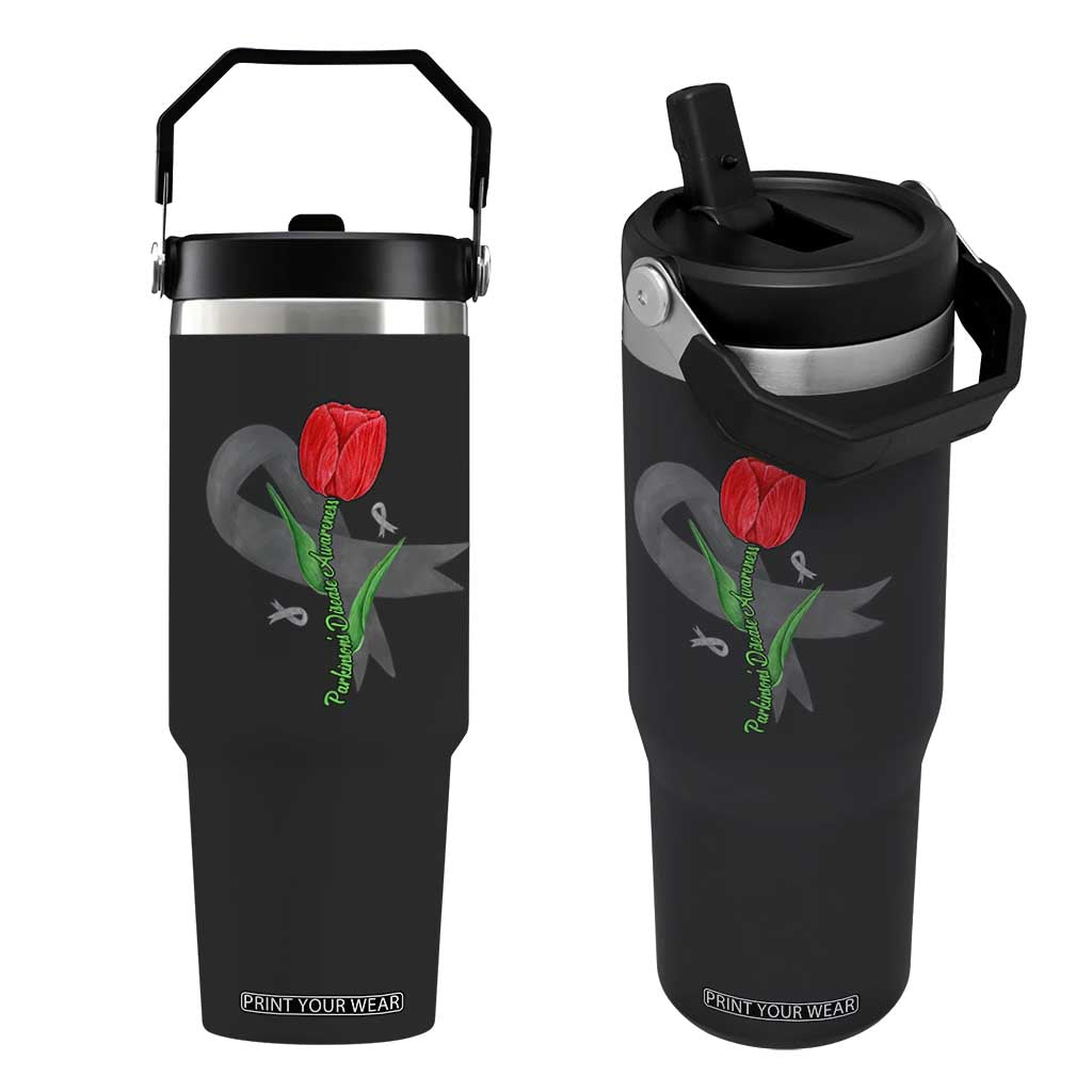Parkinson's Awareness Flip Straw Tumbler Gray Ribbon Tulips Support Parkinsons Warrior TS02 One Size: 30 oz Black Print Your Wear