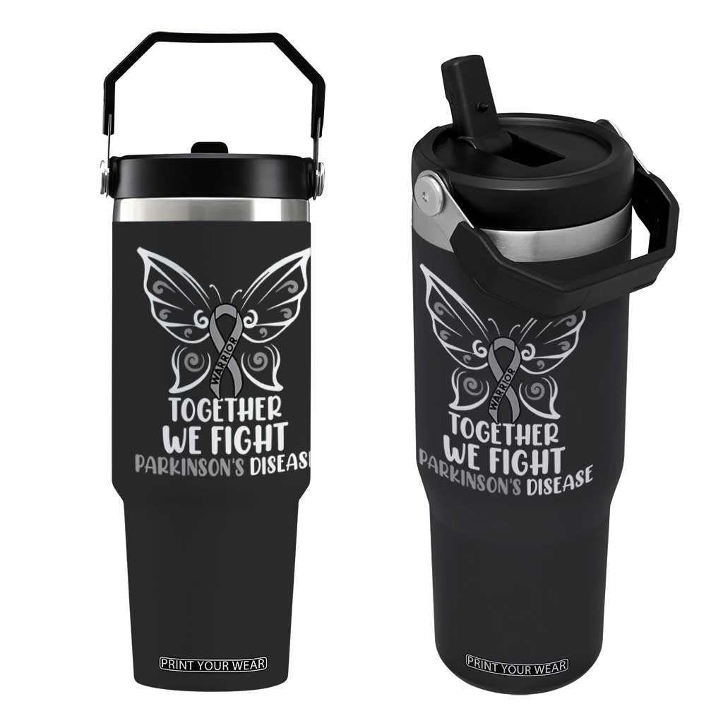 Parkinson's Awareness Flip Straw Tumbler We Fight Together Support Squad Gray Ribbon Butterfly TS02 One Size: 30 oz Black Print Your Wear