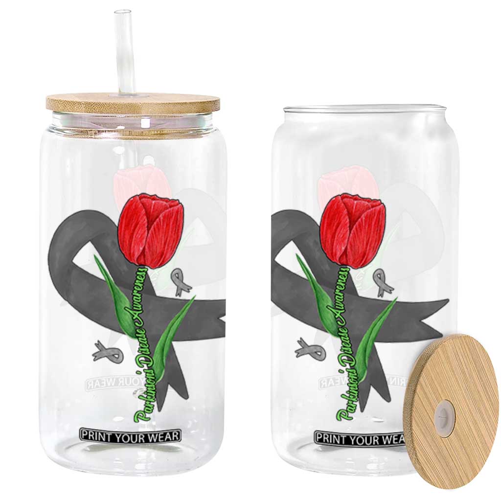 Parkinson's Awareness Glass Can Gray Ribbon Tulips Support Parkinsons Warrior TS02 Black Print Your Wear