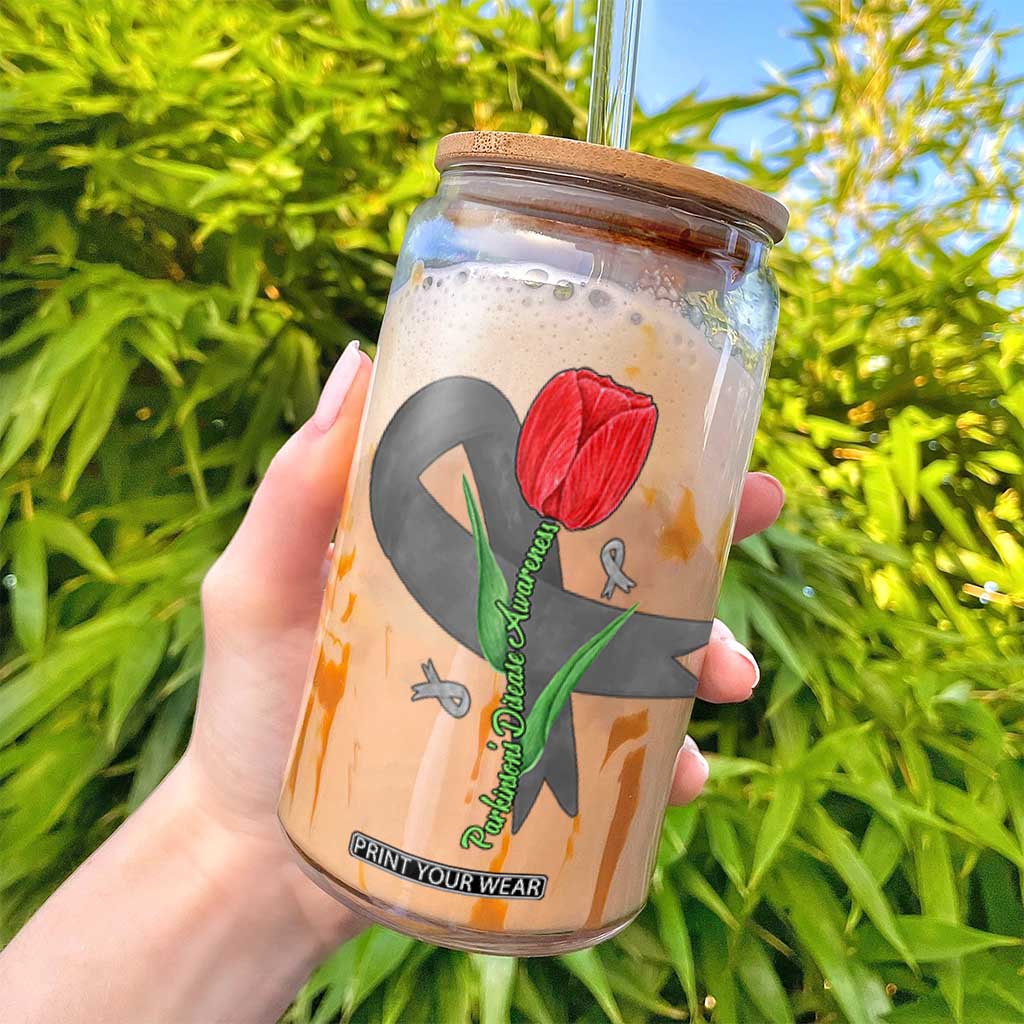 Parkinson's Awareness Glass Can Gray Ribbon Tulips Support Parkinsons Warrior TS02 Print Your Wear