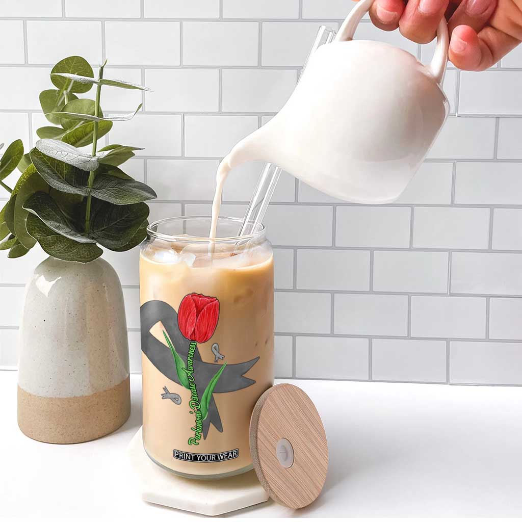 Parkinson's Awareness Glass Can Gray Ribbon Tulips Support Parkinsons Warrior TS02 Print Your Wear