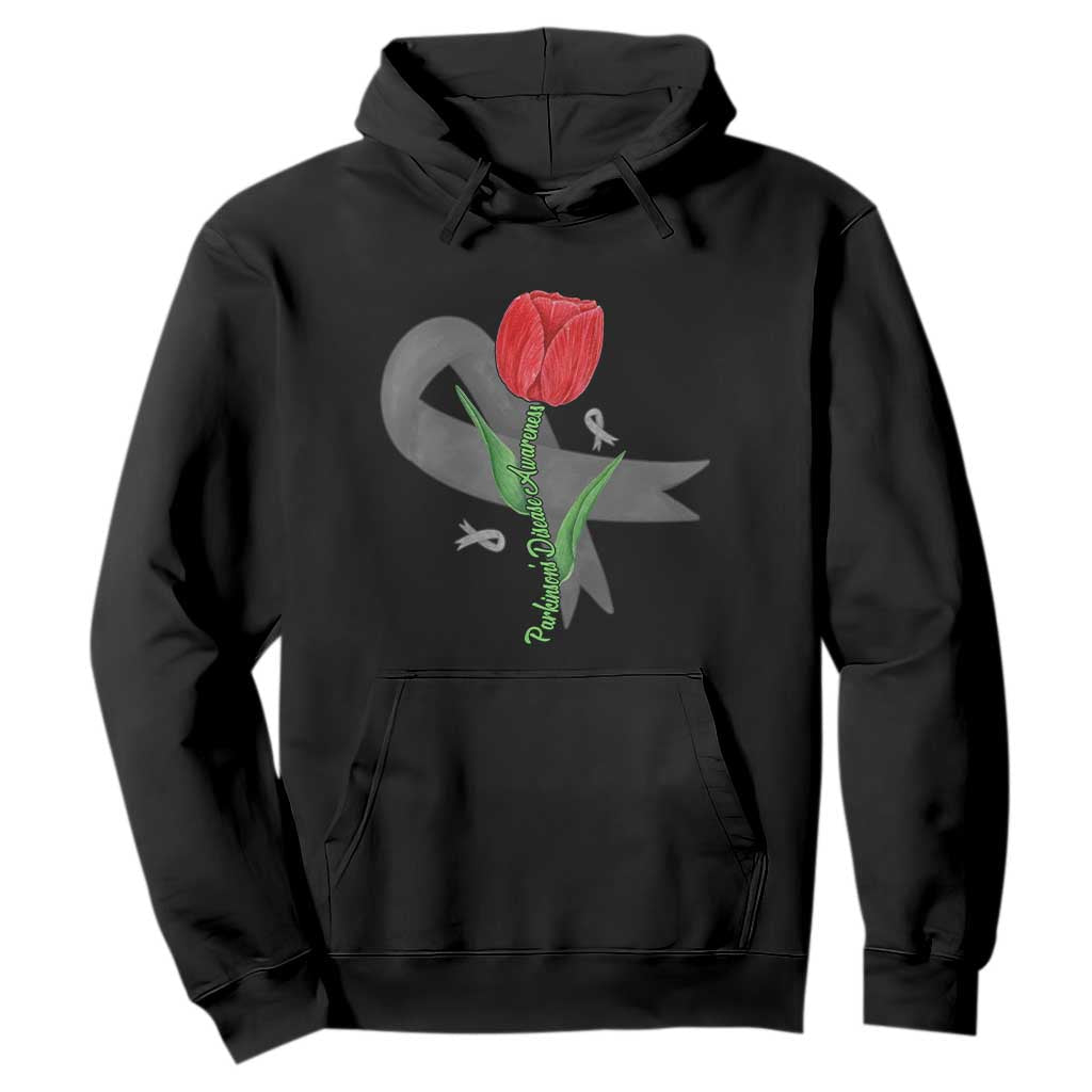 Parkinson's Awareness Hoodie Gray Ribbon Tulips Support Parkinsons Warrior TS02 Black Print Your Wear