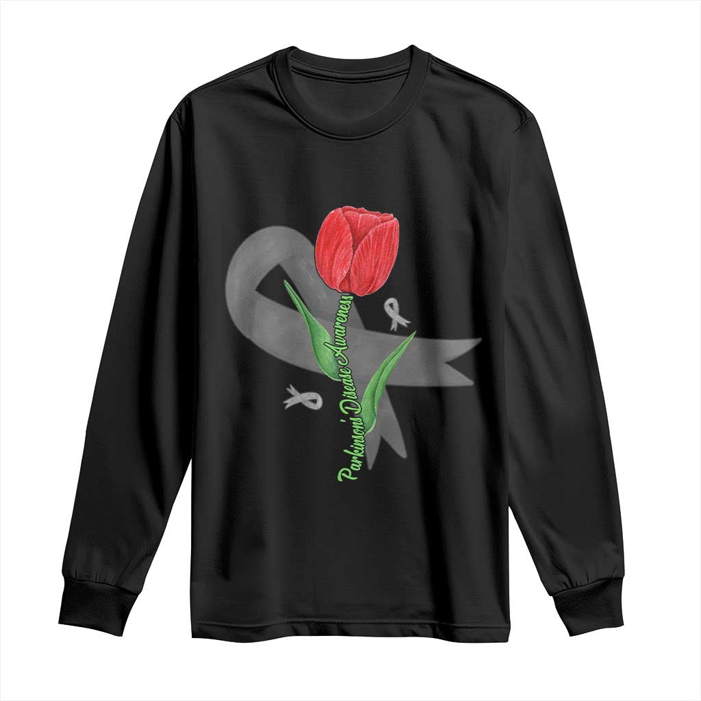 Parkinson's Awareness Long Sleeve Shirt Gray Ribbon Tulips Support Parkinsons Warrior TS02 Black Print Your Wear