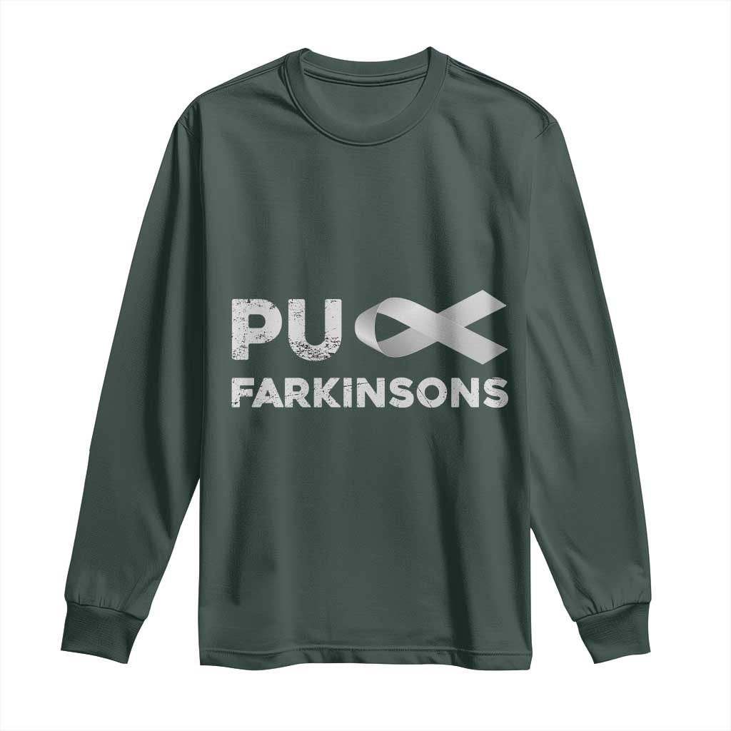 Parkinson's Awareness Long Sleeve Shirt Puck Farkinsons Parkinson's Silver Gray Ribbon TS02 Dark Forest Green Print Your Wear