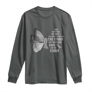 Parkinson's Awareness Long Sleeve Shirt She Whispered Back I Am The Storm Support Squad TS02 Dark Heather Print Your Wear
