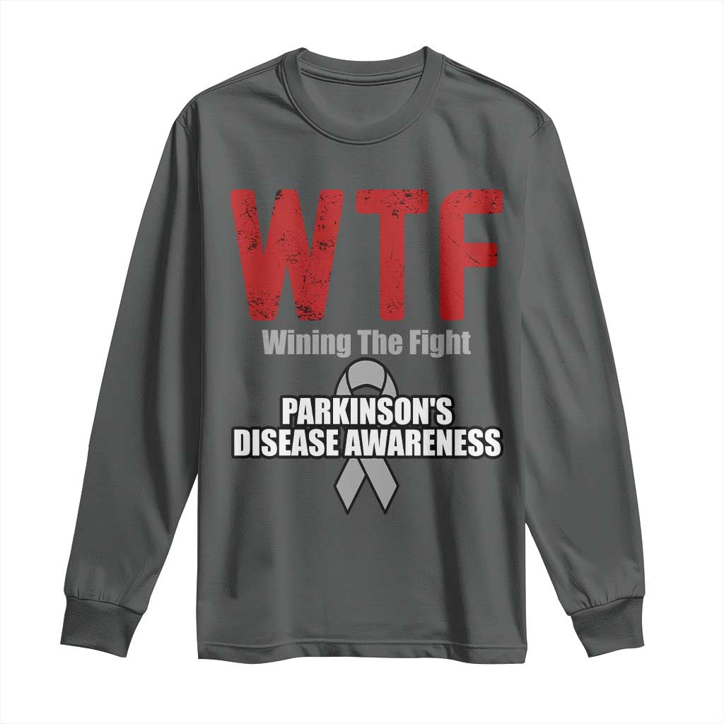 Parkinson's Awareness Long Sleeve Shirt WTF Winning The Fight Gray Ribbon Support Parkinsons Warriror TS02 Dark Heather Print Your Wear