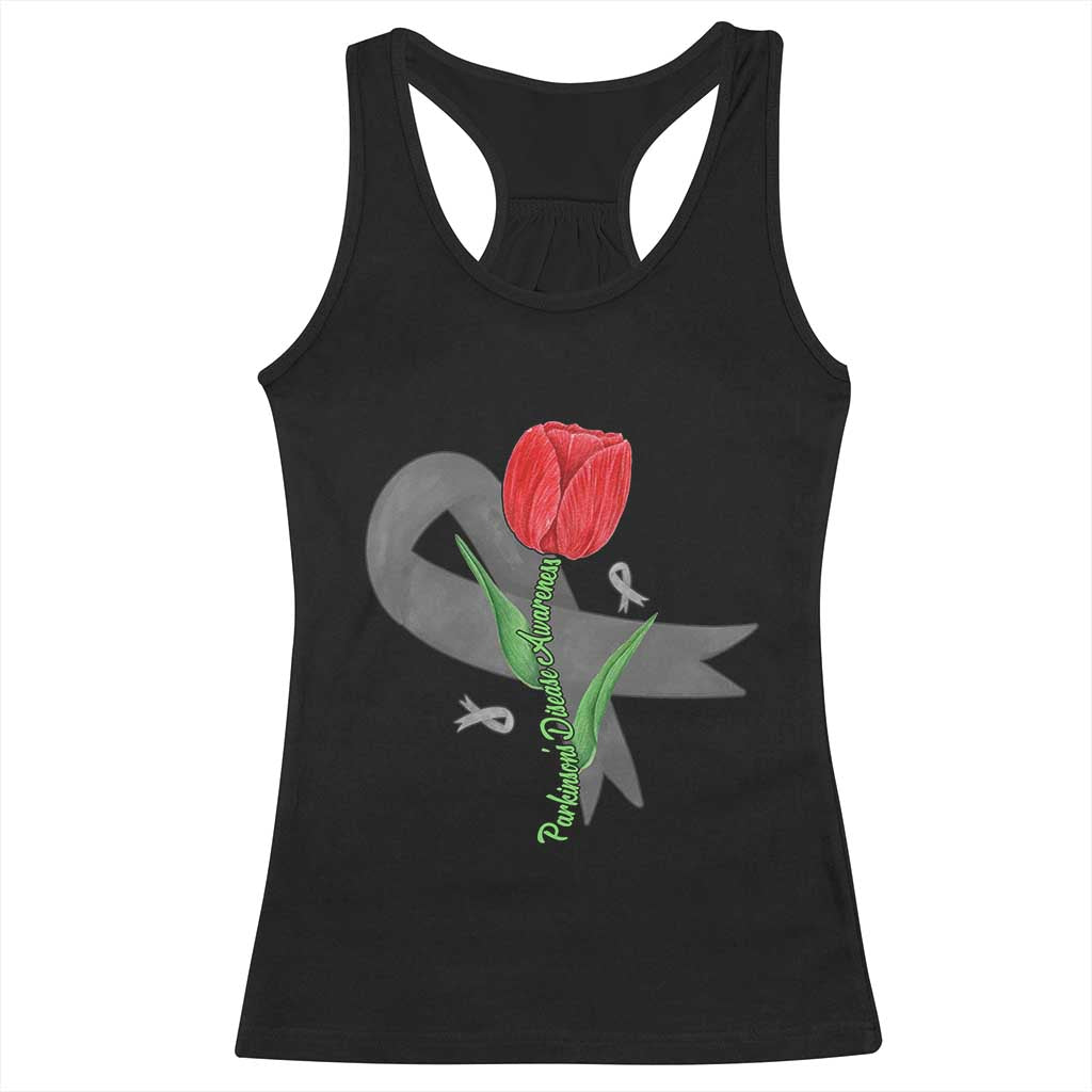Parkinson's Awareness Racerback Tank Top Gray Ribbon Tulips Support Parkinsons Warrior TS02 Black Print Your Wear