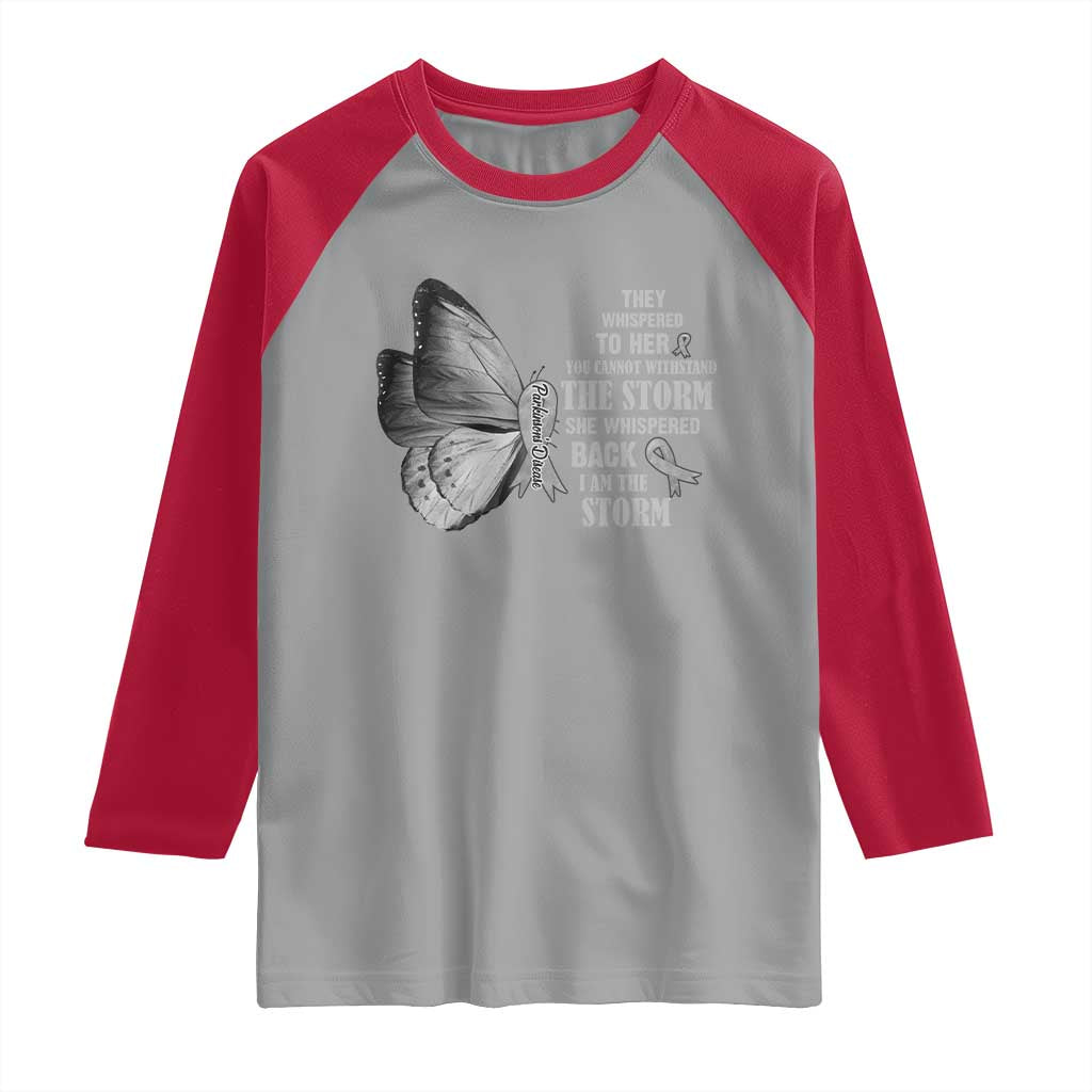 Parkinson's Awareness Raglan Shirt She Whispered Back I Am The Storm Support Squad TS02 Sport Gray Red Print Your Wear