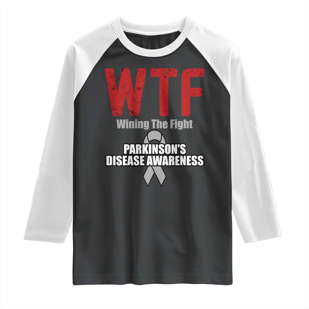 Parkinson's Awareness Raglan Shirt WTF Winning The Fight Gray Ribbon Support Parkinsons Warriror TS02 Black White Print Your Wear
