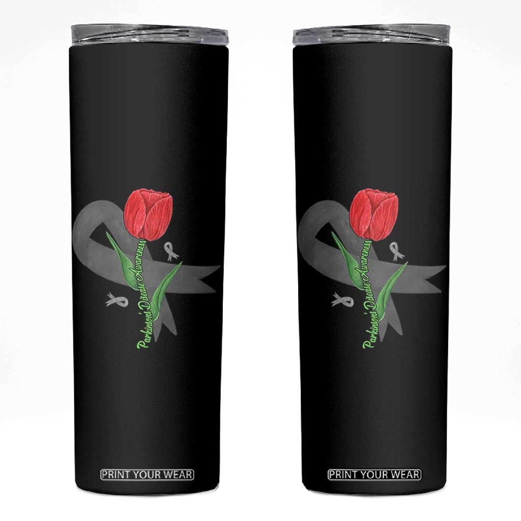 Parkinson's Awareness Skinny Tumbler Gray Ribbon Tulips Support Parkinsons Warrior TS02 Black Print Your Wear