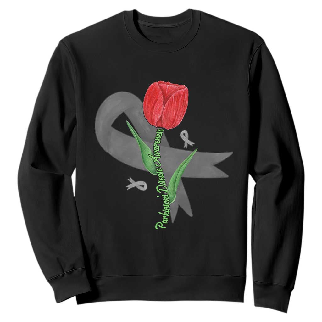 Parkinson's Awareness Sweatshirt Gray Ribbon Tulips Support Parkinsons Warrior TS02 Black Print Your Wear