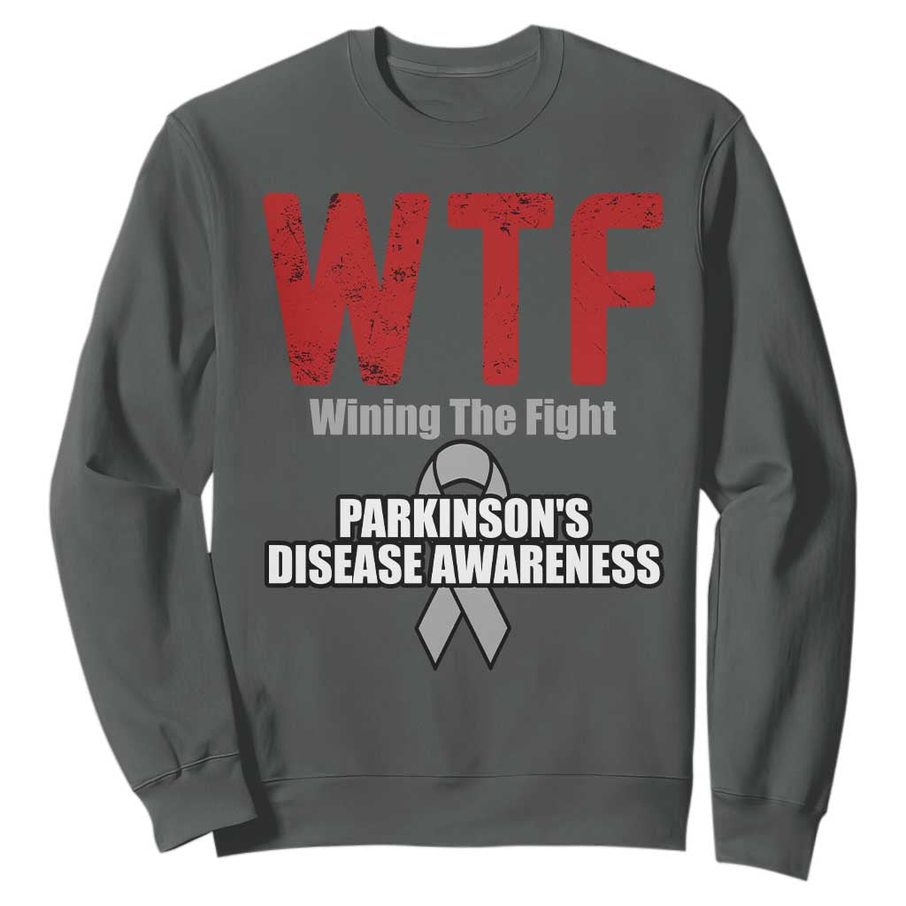 Parkinson's Awareness Sweatshirt WTF Winning The Fight Gray Ribbon Support Parkinsons Warriror TS02 Dark Heather Print Your Wear