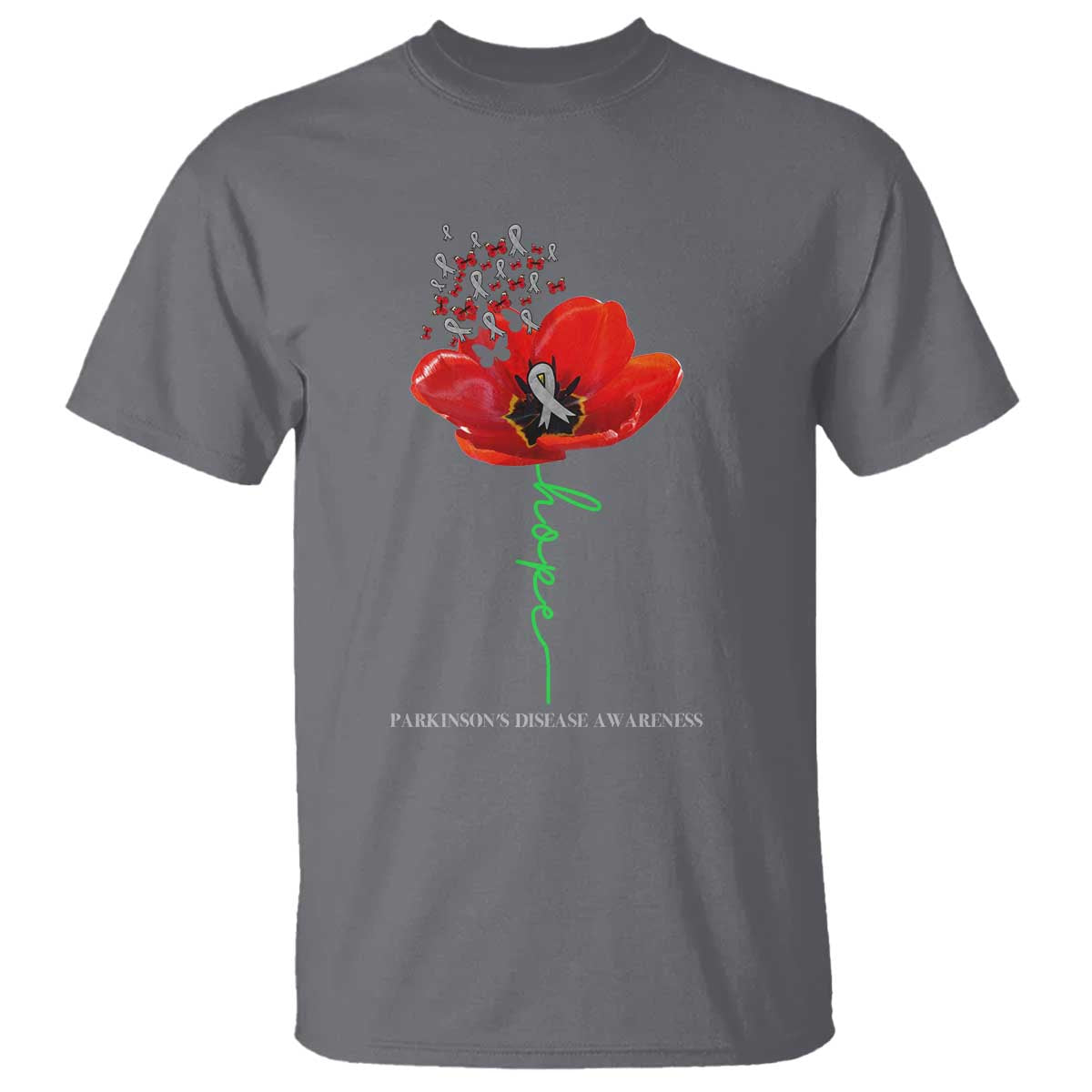 Parkinson's Awareness T Shirt Faith Hope Tulips Support Parkinsons Warrior TS02 Charcoal Print Your Wear