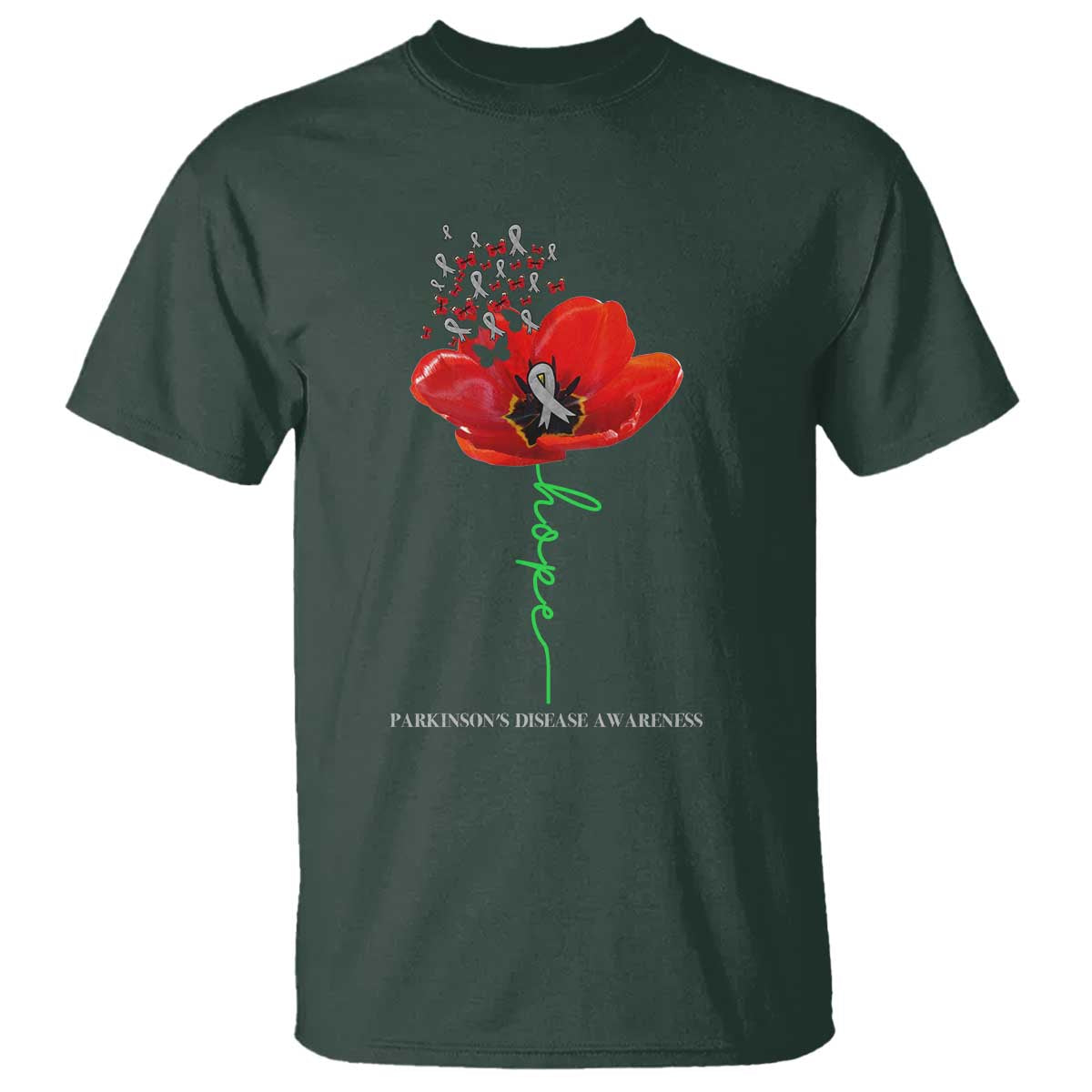 Parkinson's Awareness T Shirt Faith Hope Tulips Support Parkinsons Warrior TS02 Dark Forest Green Print Your Wear