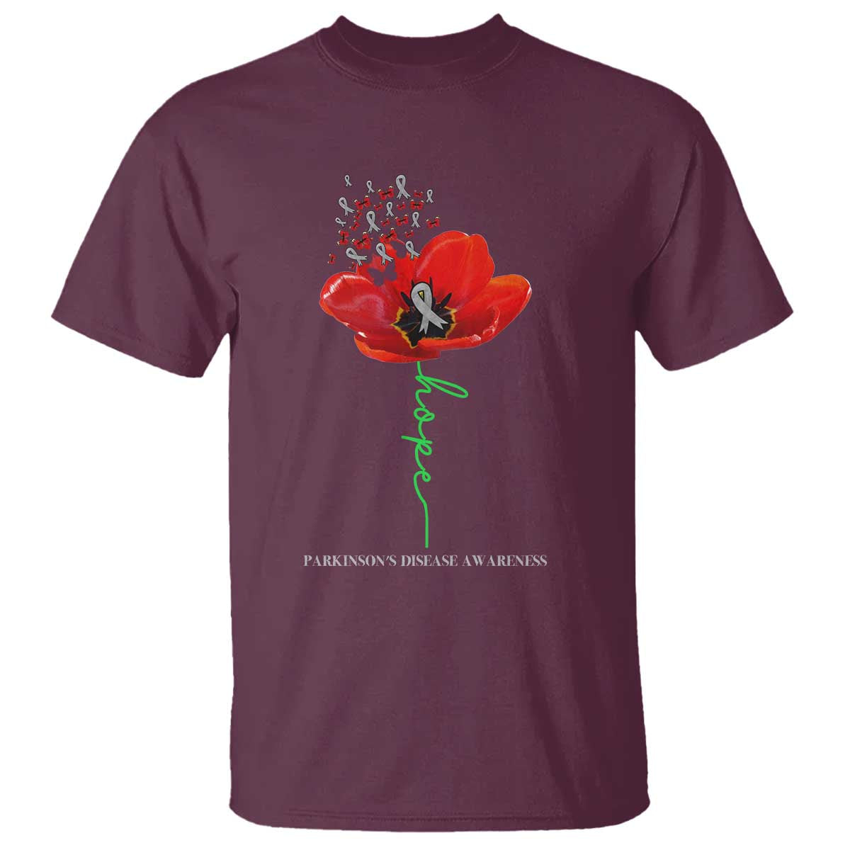Parkinson's Awareness T Shirt Faith Hope Tulips Support Parkinsons Warrior TS02 Maroon Print Your Wear