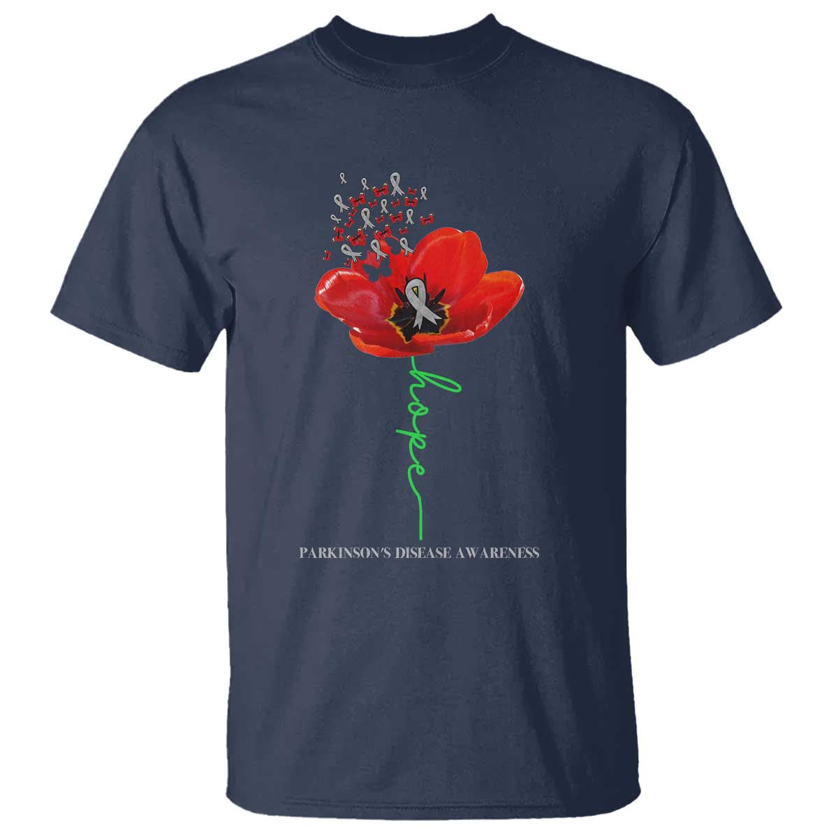 Parkinson's Awareness T Shirt Faith Hope Tulips Support Parkinsons Warrior TS02 Navy Print Your Wear