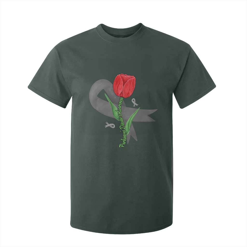 Parkinson's Awareness T Shirt For Kid Gray Ribbon Tulips Support Parkinsons Warrior TS02 Dark Forest Green Print Your Wear