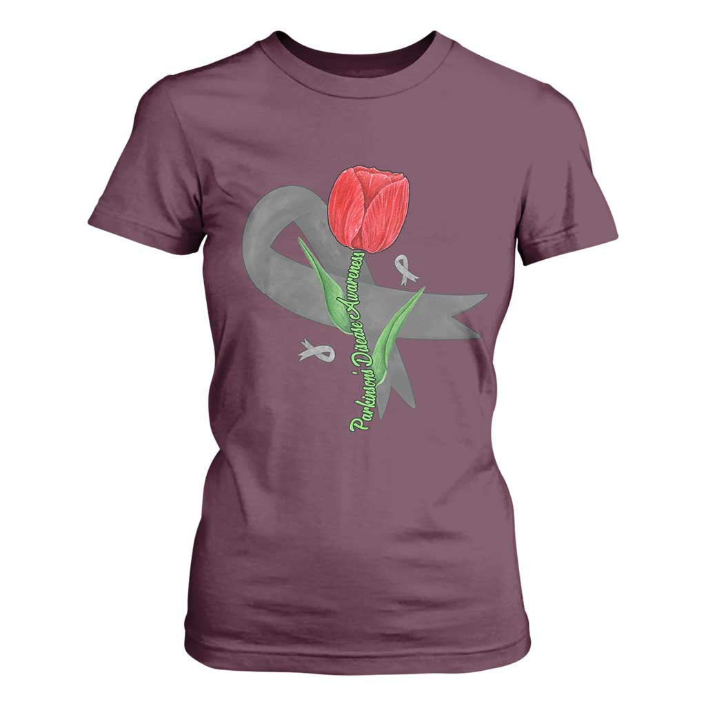 Parkinson's Awareness T Shirt For Women Gray Ribbon Tulips Support Parkinsons Warrior TS02 Maroon Print Your Wear