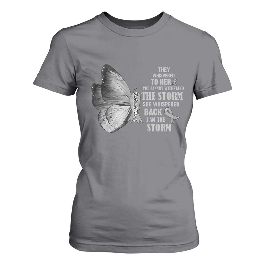 Parkinson's Awareness T Shirt For Women She Whispered Back I Am The Storm Support Squad TS02 Charcoal Print Your Wear