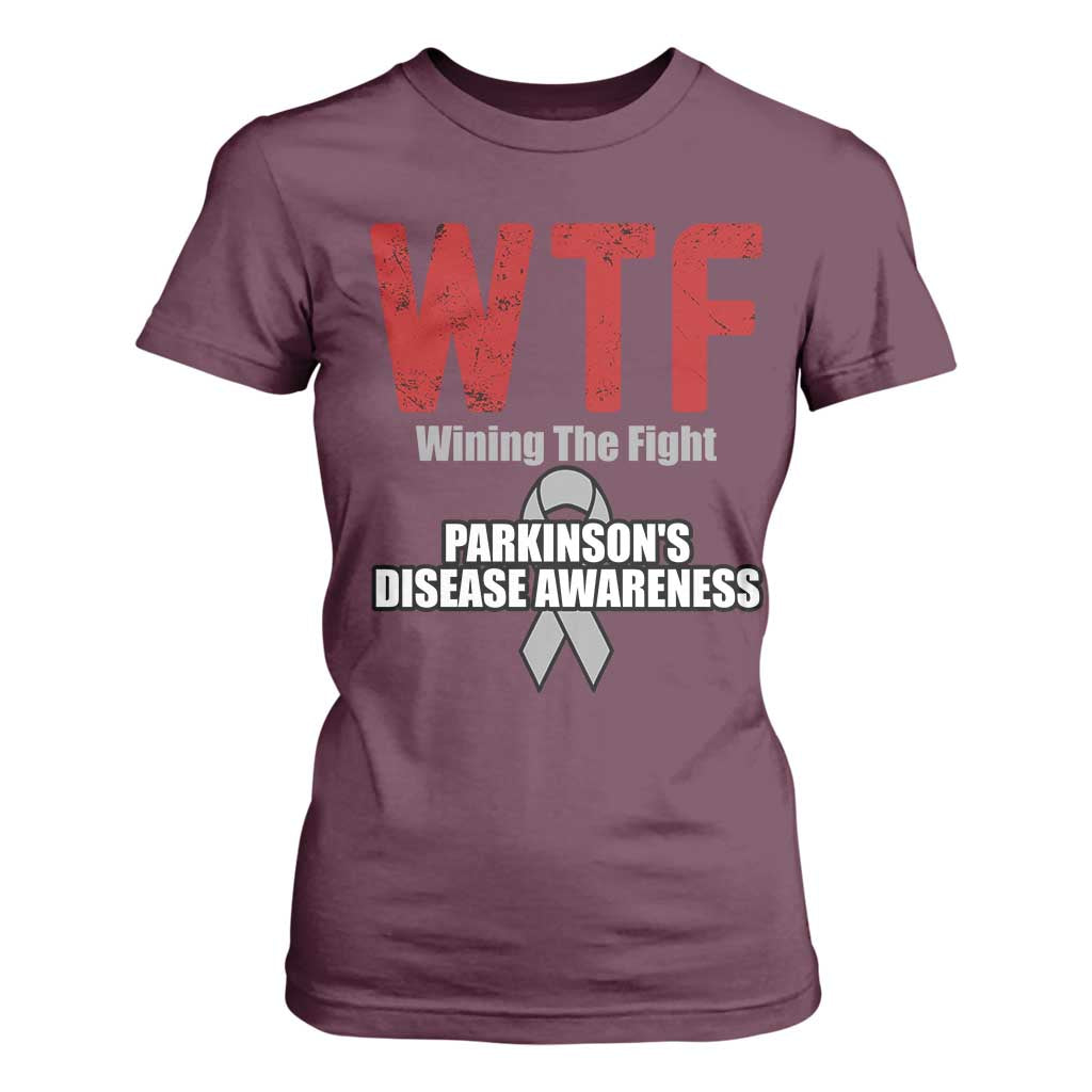 Parkinson's Awareness T Shirt For Women WTF Winning The Fight Gray Ribbon Support Parkinsons Warriror TS02 Maroon Print Your Wear