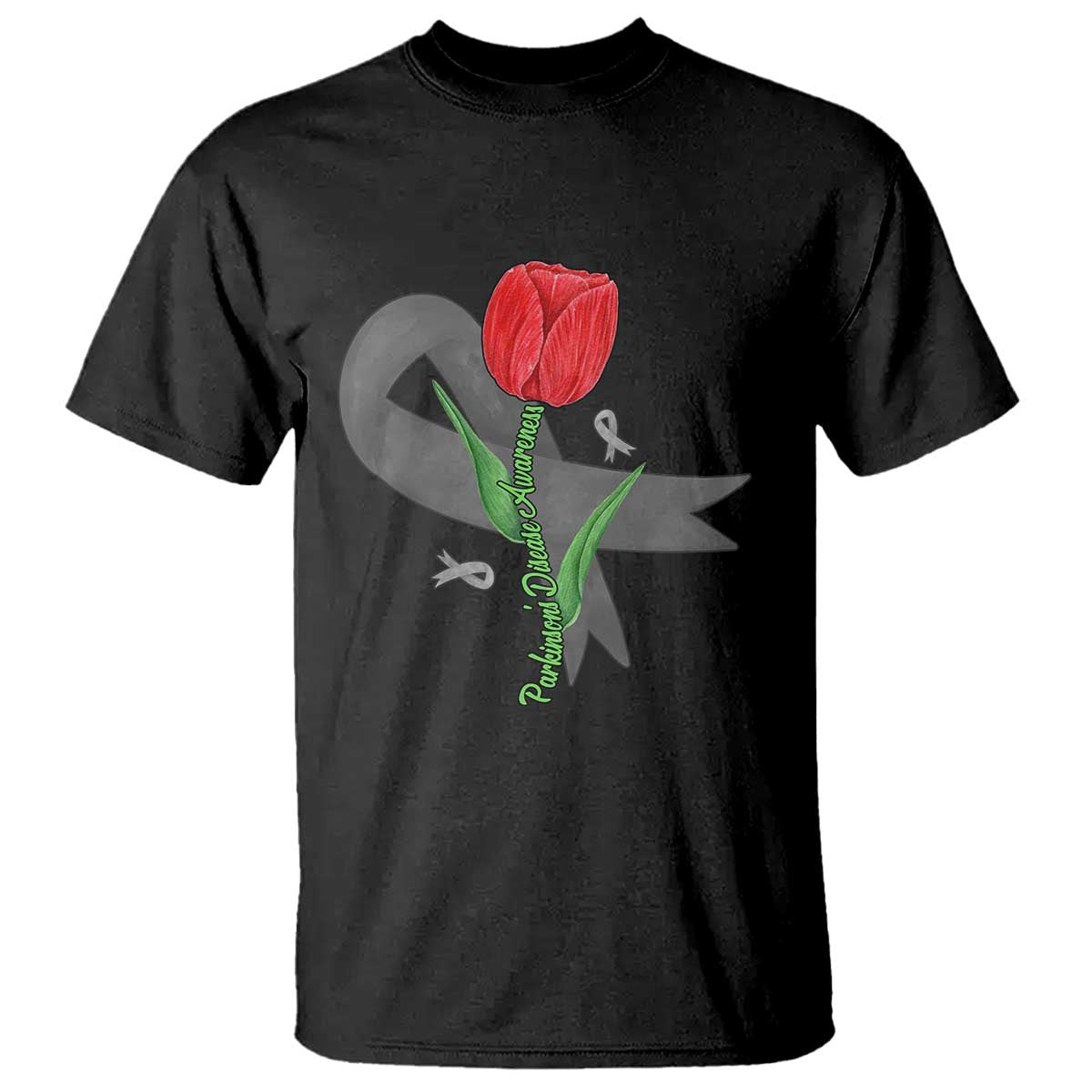 Parkinson's Awareness T Shirt Gray Ribbon Tulips Support Parkinsons Warrior TS02 Black Print Your Wear