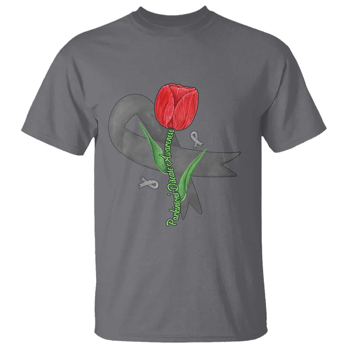 Parkinson's Awareness T Shirt Gray Ribbon Tulips Support Parkinsons Warrior TS02 Charcoal Print Your Wear
