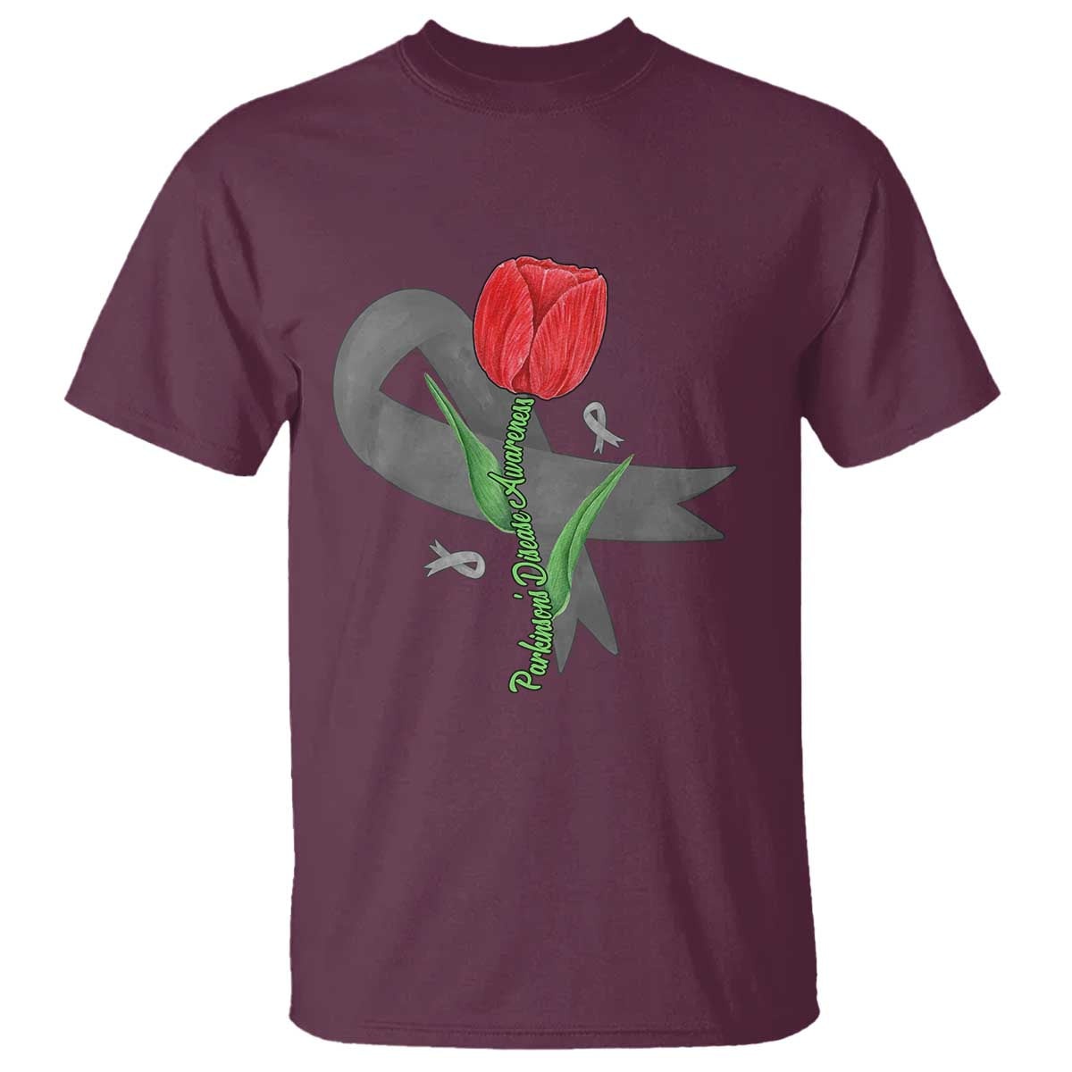 Parkinson's Awareness T Shirt Gray Ribbon Tulips Support Parkinsons Warrior TS02 Maroon Print Your Wear