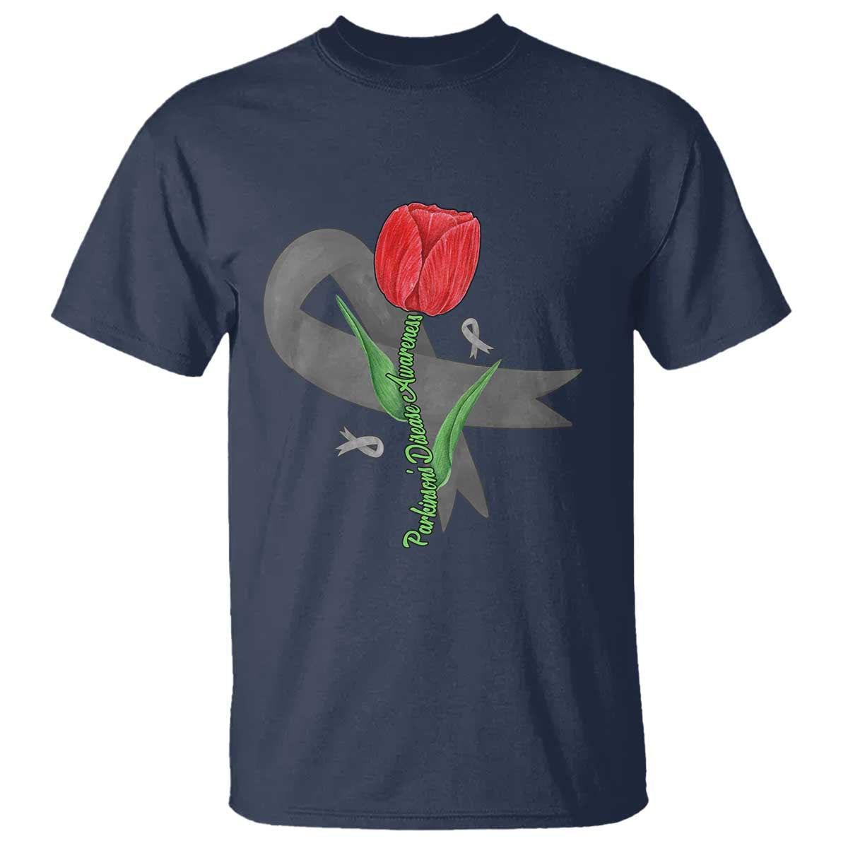Parkinson's Awareness T Shirt Gray Ribbon Tulips Support Parkinsons Warrior TS02 Navy Print Your Wear