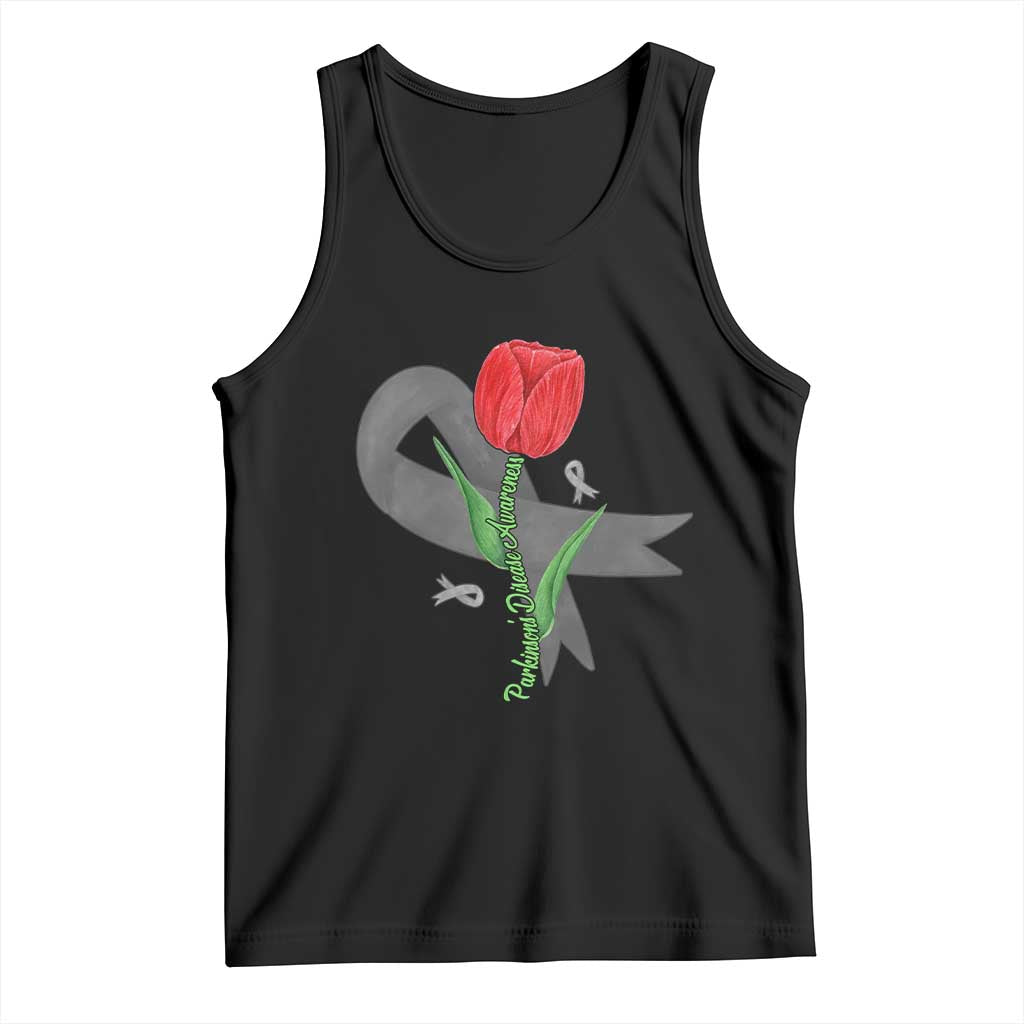 Parkinson's Awareness Tank Top Gray Ribbon Tulips Support Parkinsons Warrior TS02 Black Print Your Wear