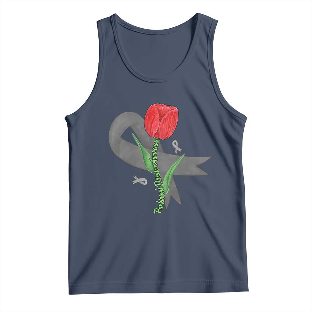Parkinson's Awareness Tank Top Gray Ribbon Tulips Support Parkinsons Warrior TS02 Navy Print Your Wear