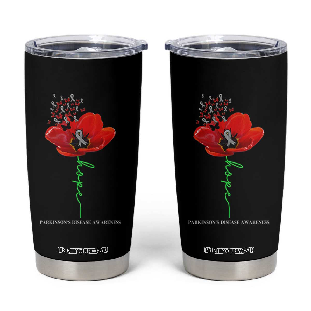 Parkinson's Awareness Tumbler Cup Faith Hope Tulips Support Parkinsons Warrior TS02 Black Print Your Wear