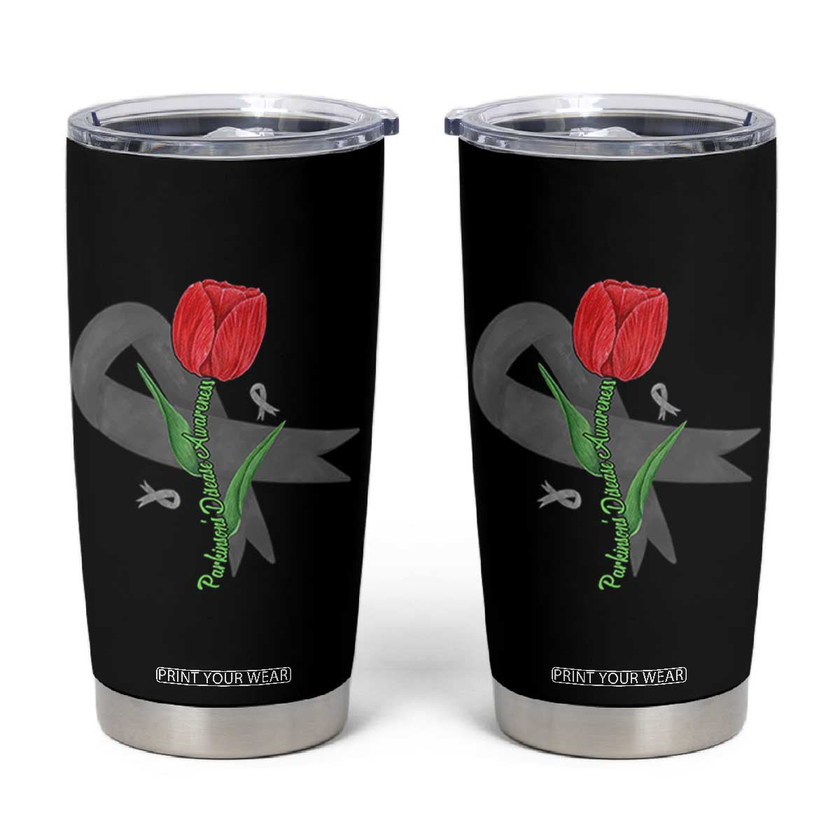 Parkinson's Awareness Tumbler Cup Gray Ribbon Tulips Support Parkinsons Warrior TS02 Black Print Your Wear