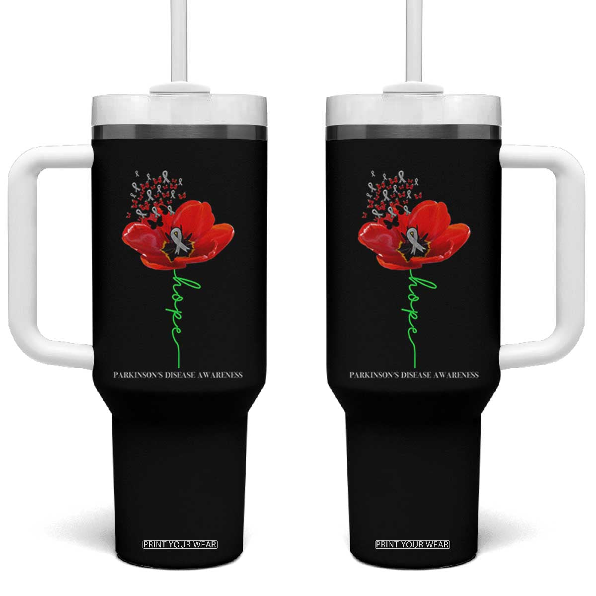 Parkinson's Awareness Tumbler With Handle Faith Hope Tulips Support Parkinsons Warrior TS02 One Size: 40 oz Black Print Your Wear