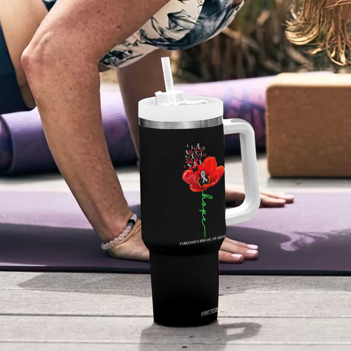 Parkinson's Awareness Tumbler With Handle Faith Hope Tulips Support Parkinsons Warrior TS02 Print Your Wear