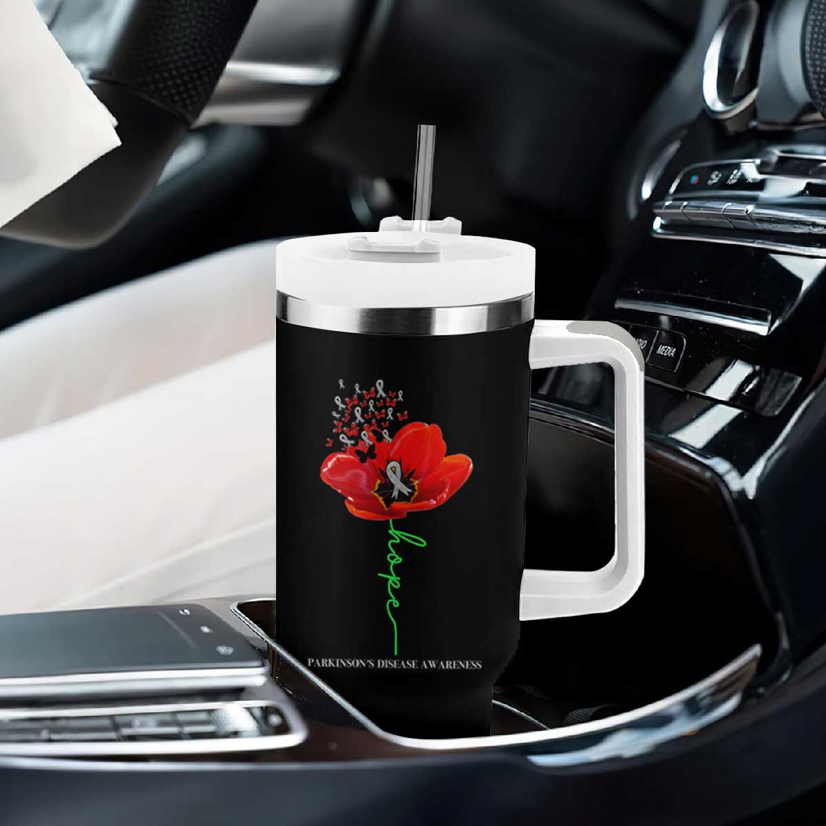 Parkinson's Awareness Tumbler With Handle Faith Hope Tulips Support Parkinsons Warrior TS02 Print Your Wear