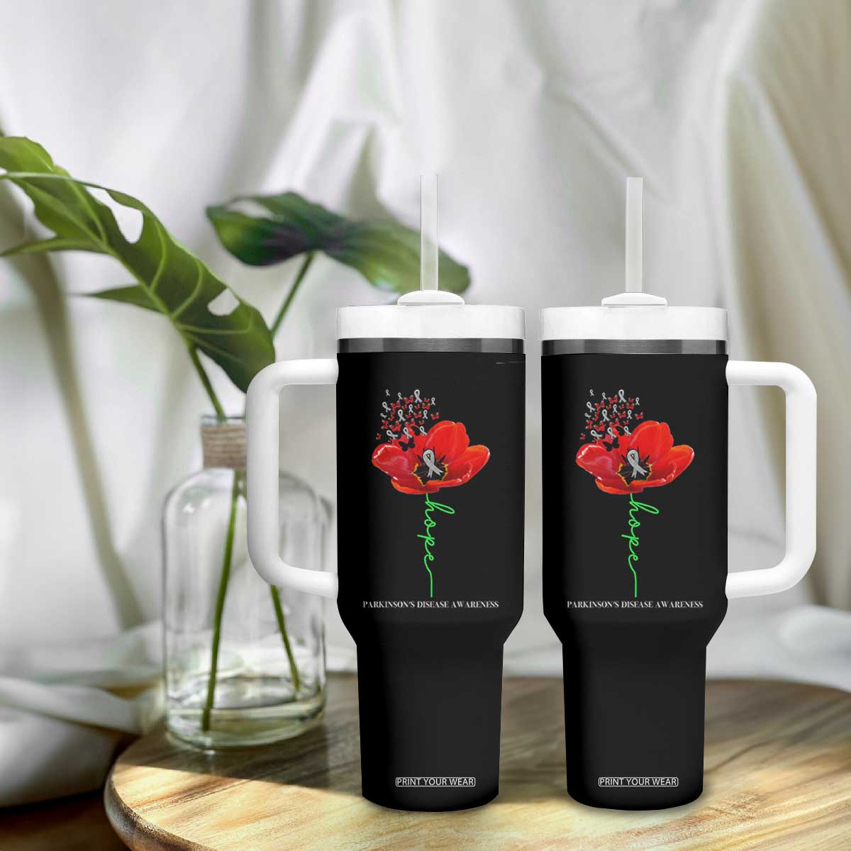 Parkinson's Awareness Tumbler With Handle Faith Hope Tulips Support Parkinsons Warrior TS02 Print Your Wear