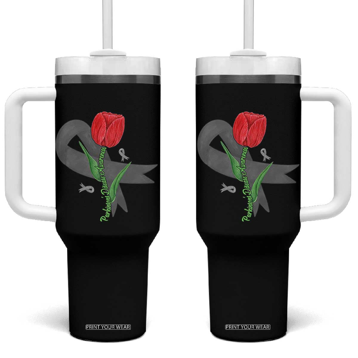 Parkinson's Awareness Tumbler With Handle Gray Ribbon Tulips Support Parkinsons Warrior TS02 One Size: 40 oz Black Print Your Wear