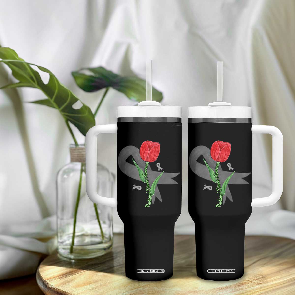 Parkinson's Awareness Tumbler With Handle Gray Ribbon Tulips Support Parkinsons Warrior TS02 Print Your Wear