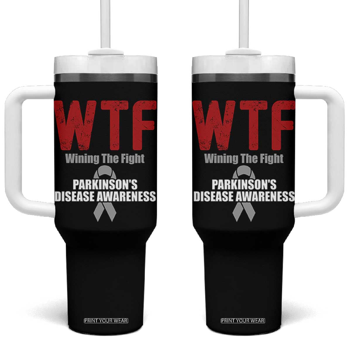 Parkinson's Awareness Tumbler With Handle WTF Winning The Fight Gray Ribbon Support Parkinsons Warriror TS02 One Size: 40 oz Black Print Your Wear