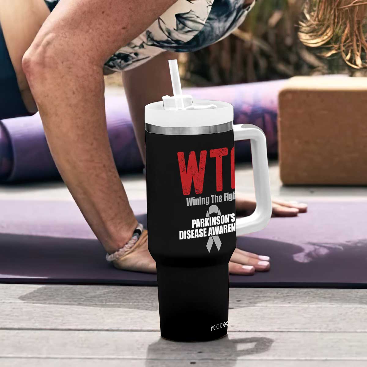 Parkinson's Awareness Tumbler With Handle WTF Winning The Fight Gray Ribbon Support Parkinsons Warriror TS02 Print Your Wear