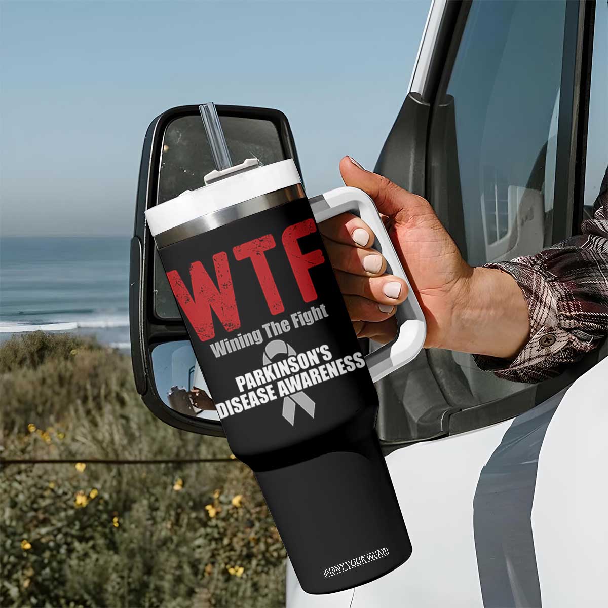 Parkinson's Awareness Tumbler With Handle WTF Winning The Fight Gray Ribbon Support Parkinsons Warriror TS02 Print Your Wear