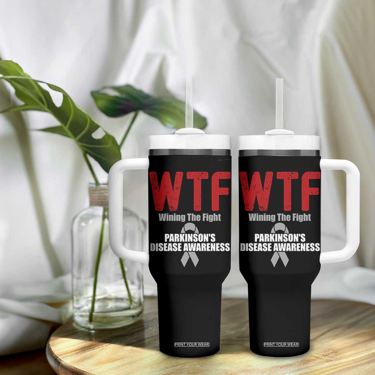 Parkinson's Awareness Tumbler With Handle WTF Winning The Fight Gray Ribbon Support Parkinsons Warriror TS02 Print Your Wear