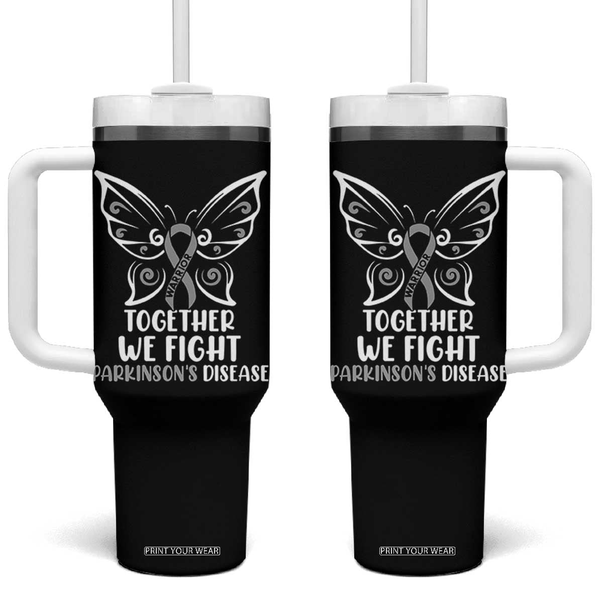 Parkinson's Awareness Tumbler With Handle We Fight Together Support Squad Gray Ribbon Butterfly TS02 One Size: 40 oz Black Print Your Wear