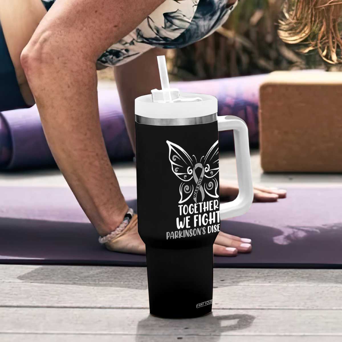 Parkinson's Awareness Tumbler With Handle We Fight Together Support Squad Gray Ribbon Butterfly TS02 Print Your Wear