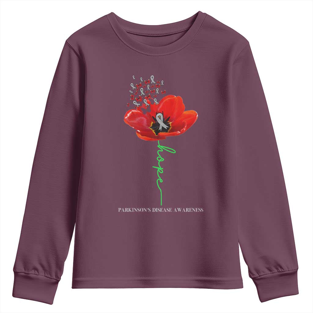 Parkinson's Awareness Youth Sweatshirt Faith Hope Tulips Support Parkinsons Warrior TS02 Maroon Print Your Wear