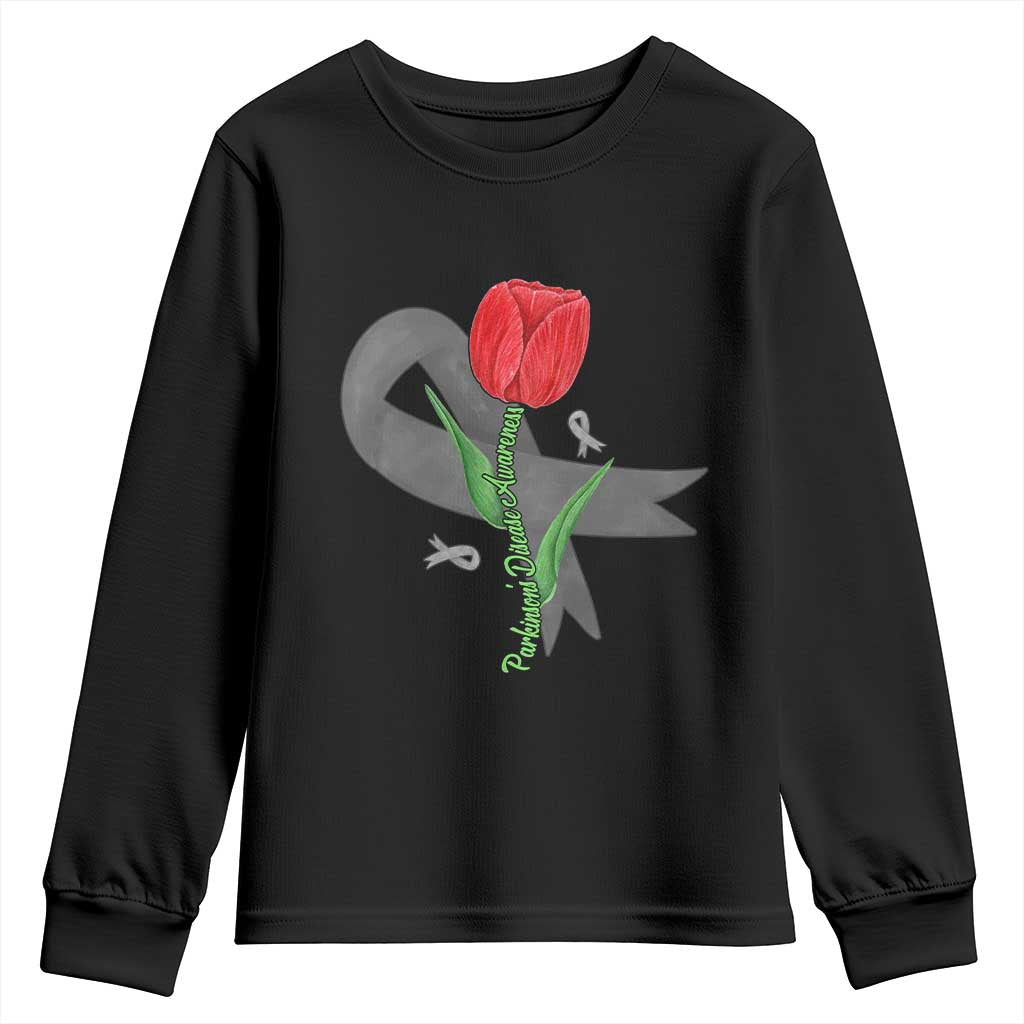 Parkinson's Awareness Youth Sweatshirt Gray Ribbon Tulips Support Parkinsons Warrior TS02 Black Print Your Wear
