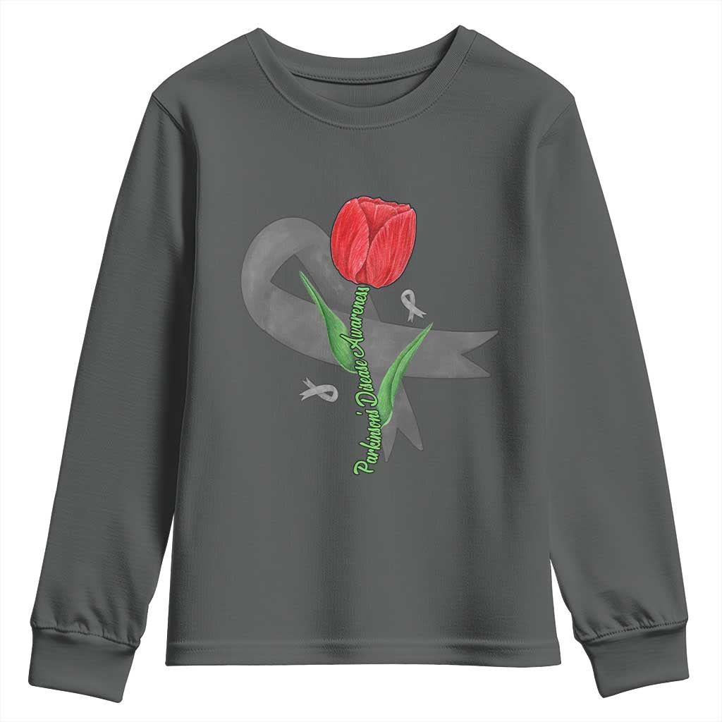 Parkinson's Awareness Youth Sweatshirt Gray Ribbon Tulips Support Parkinsons Warrior TS02 Dark Heather Print Your Wear